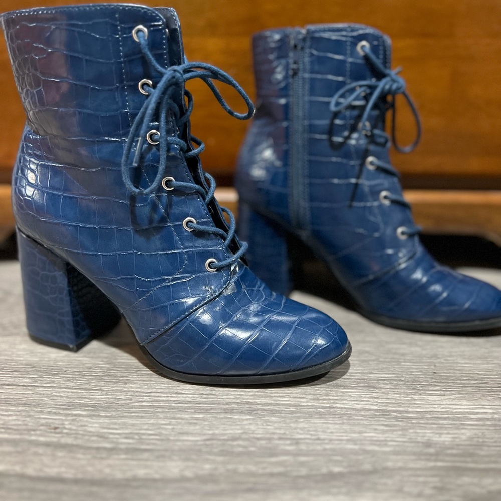 Blue faux croc leather boots